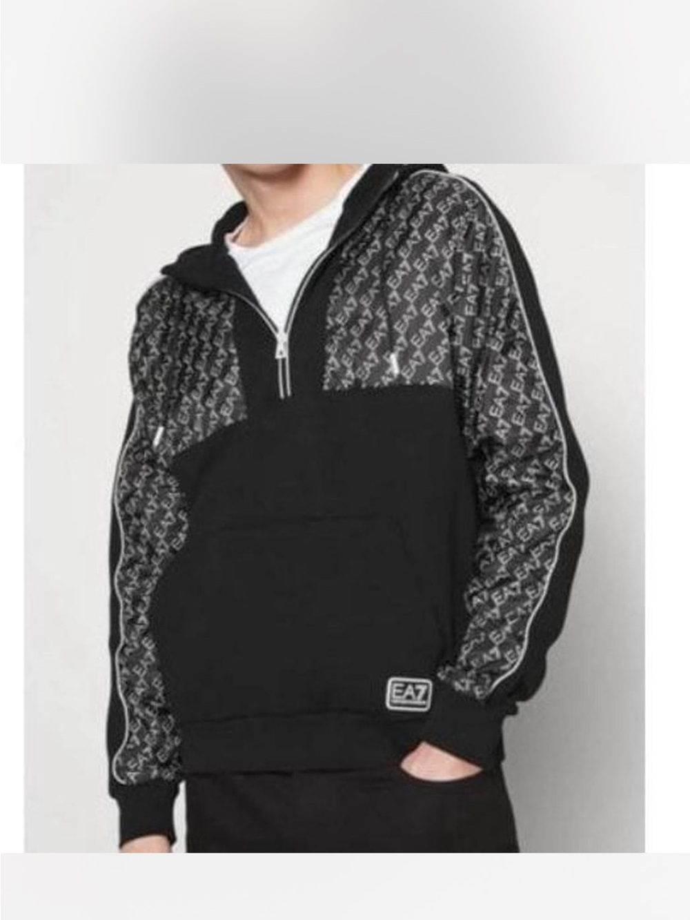 NWT Emporio Armani Black Logo-Panel Zip-Up Hoodie Sweater